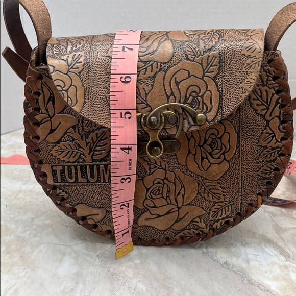 Mexican Tan Floral Tooled Leather Crossbody with Brass Clasp - Picture 10 of 14